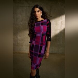 NWT Joseph Ribkoff Purple/Black Plaid Print Sheath Dress Style 243301